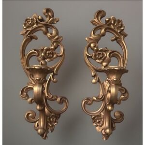 Vintage Homco Wall Sconce Candle Holder Ornate Gold Floral 1971 Home Interiors